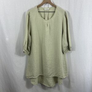 Bryn Walker Linen Green Puff Peasant Sleeve Dress Womens Sz XL Hi Lo Beach